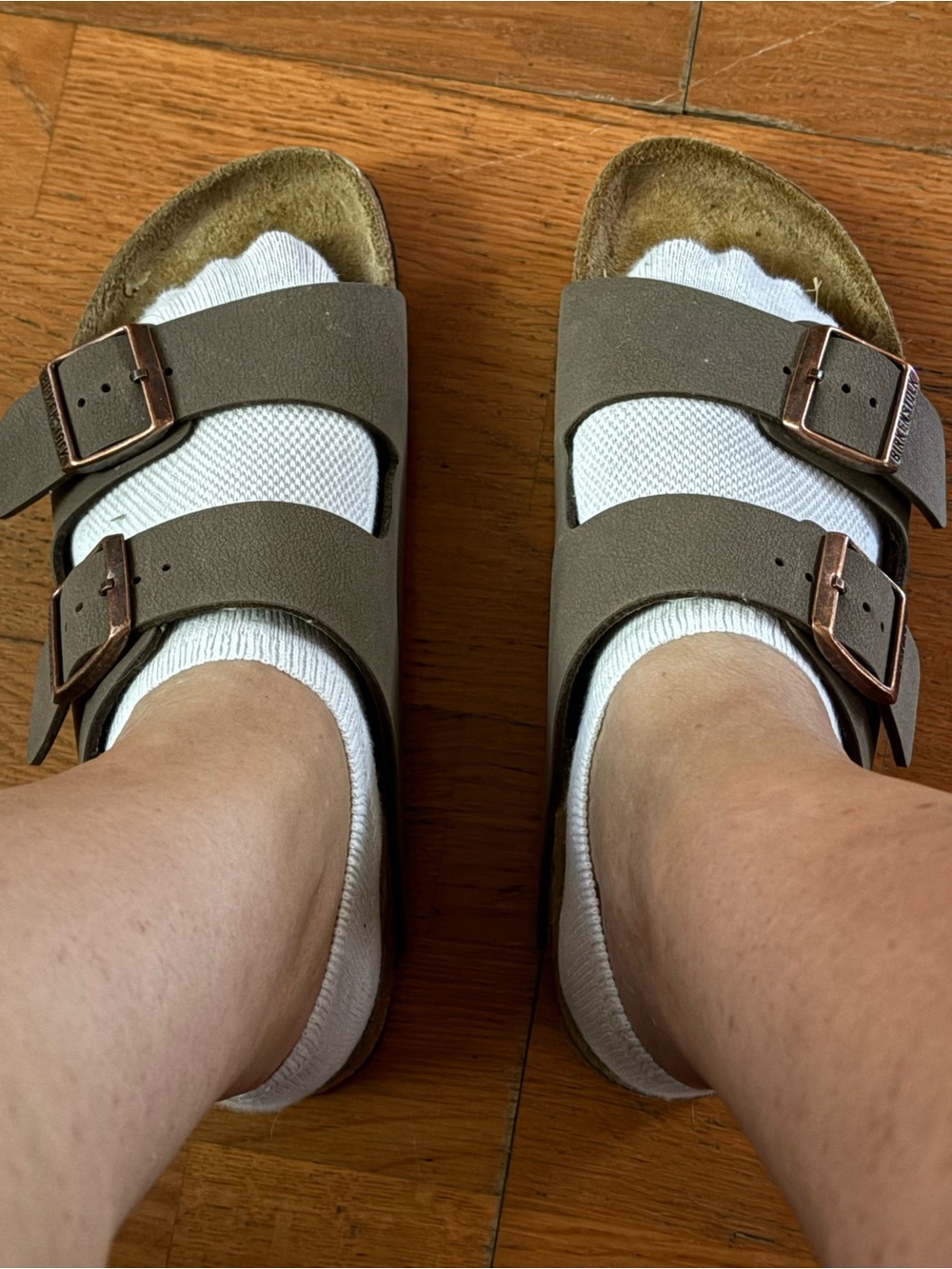 Birkenstock Two-Strap Sandals in Olive Brown with Copper Buckles